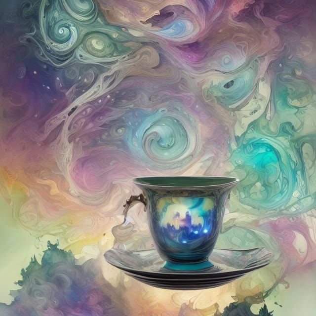 Whimsical Teacup with Aurora Borealis Digital Painting