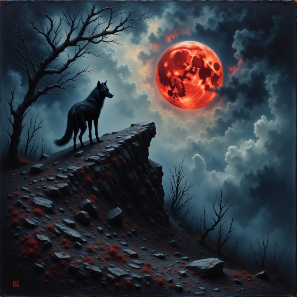 <lora:Gothic Halloween 1-1:1.0> Werewolf howling on a rocky hilltop beneath a blood-red moon