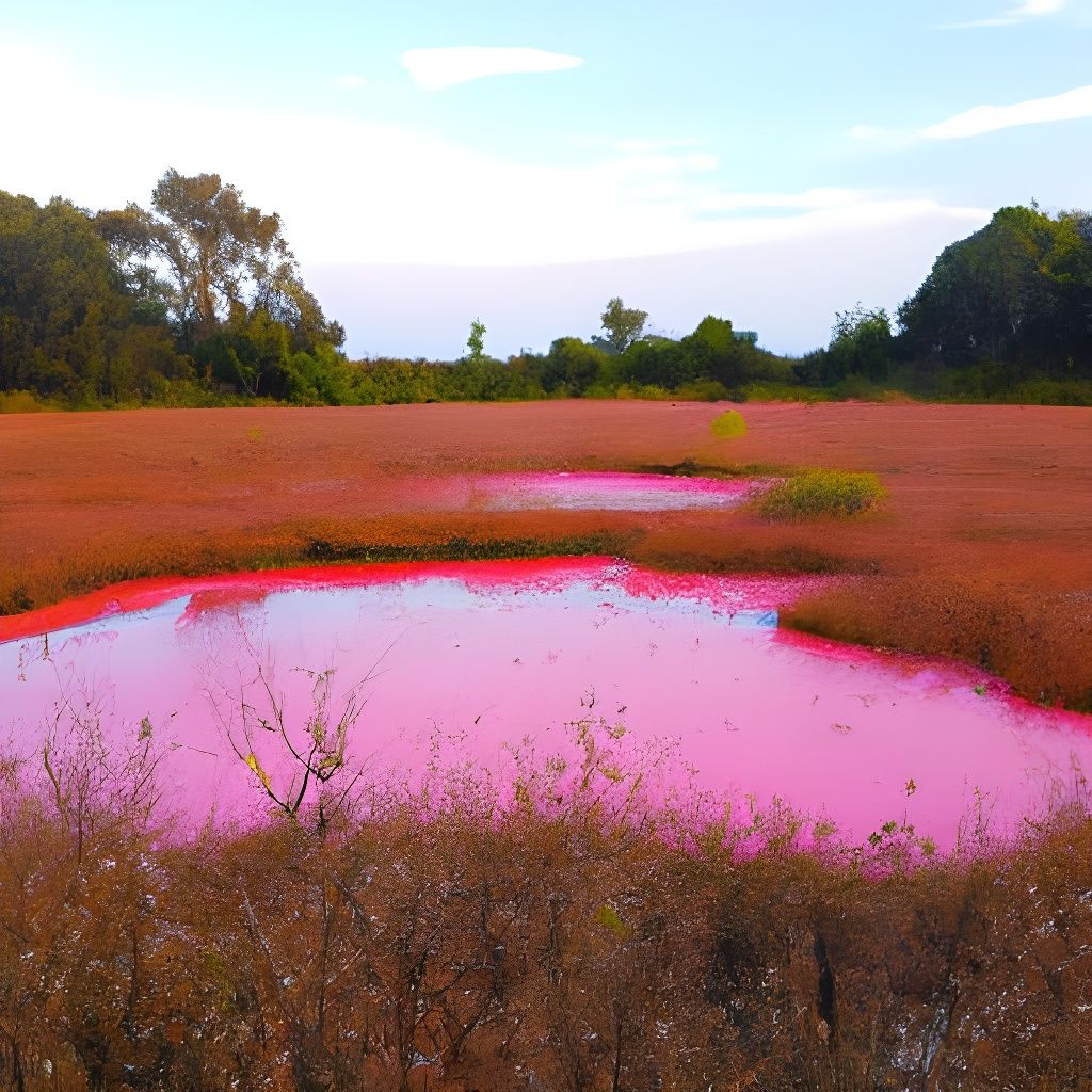 A pink pond within a meadow