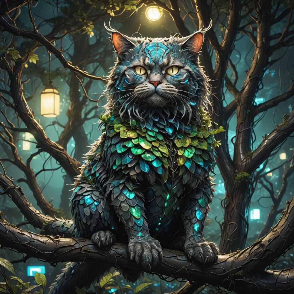 the full body of a bioluminescent ghillie chubby cat in the ...