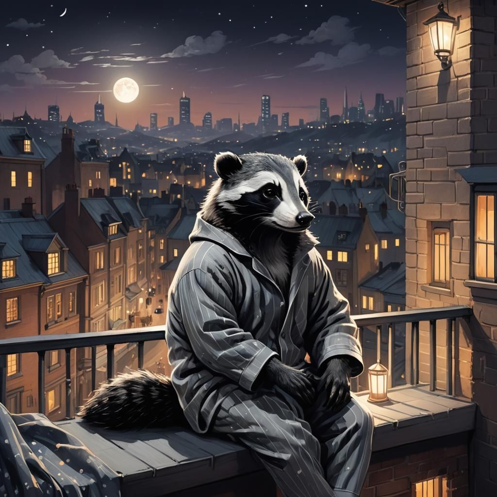 an anthropomorphic badger at night