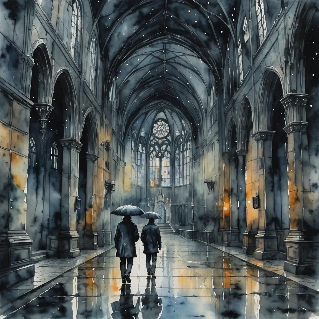 A man walking alone in the creepy chapelle in rainy day, Dark  watercolor art  by @MELESARCO