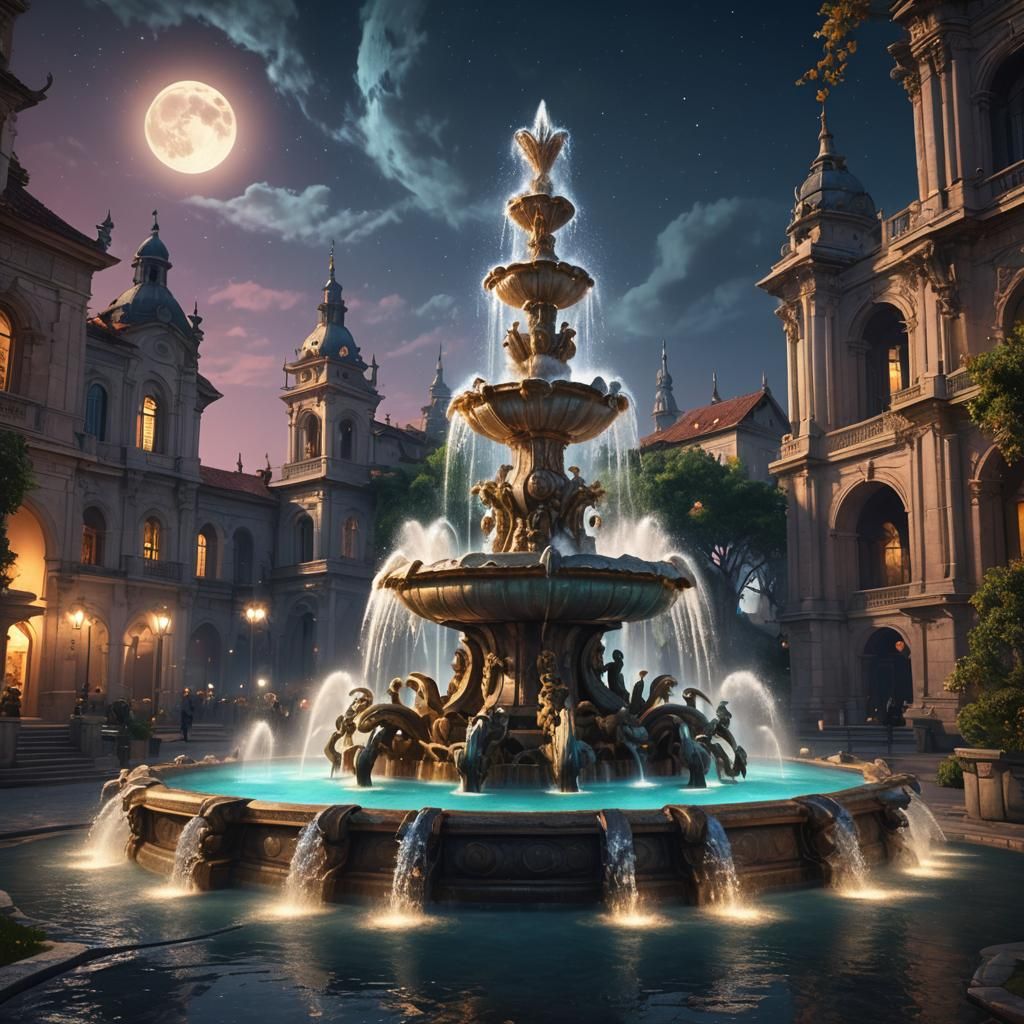 Fountain with waterjets with colored spots by full moon
