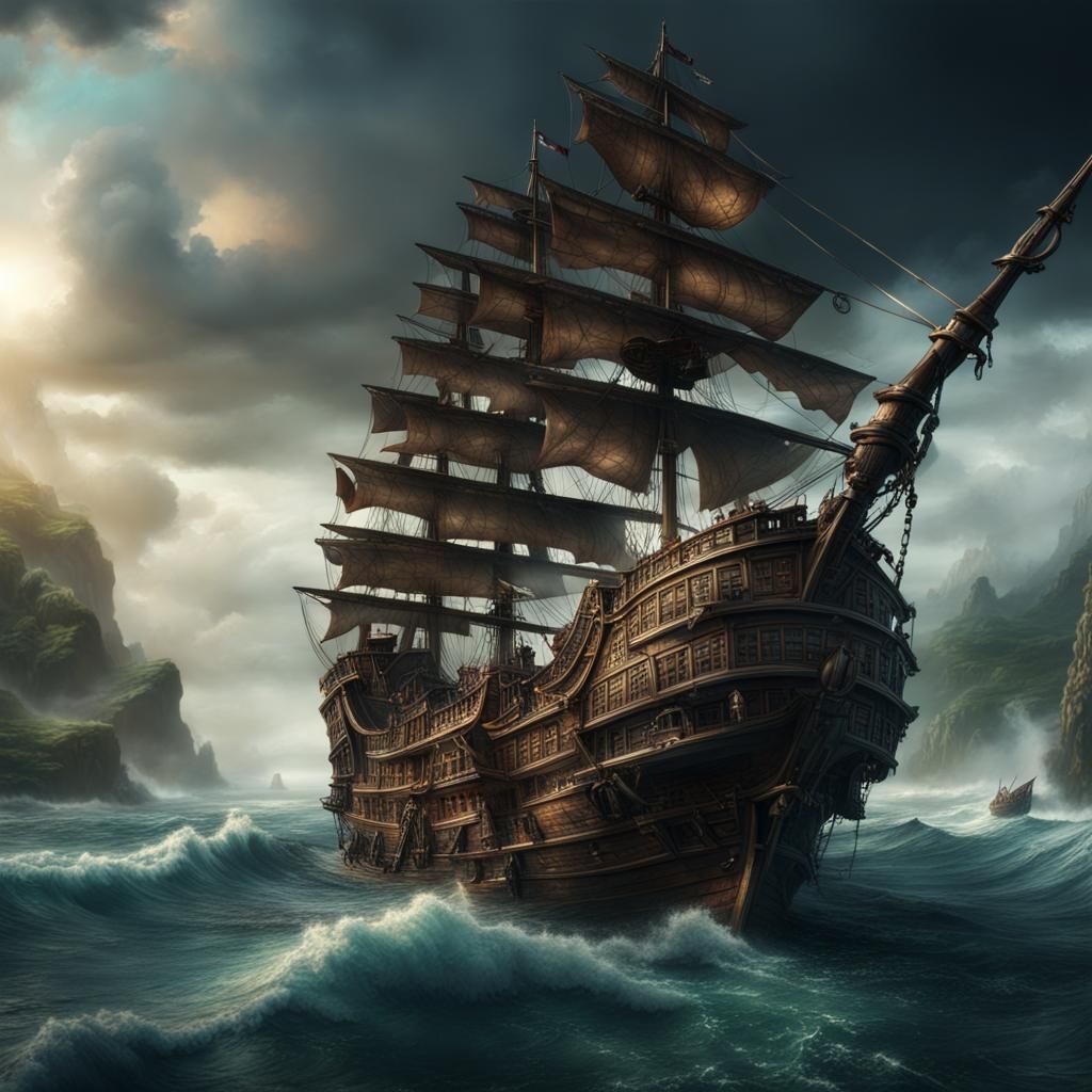 huge pirate ship sailing in cove - AI Generated Artwork - NightCafe Creator