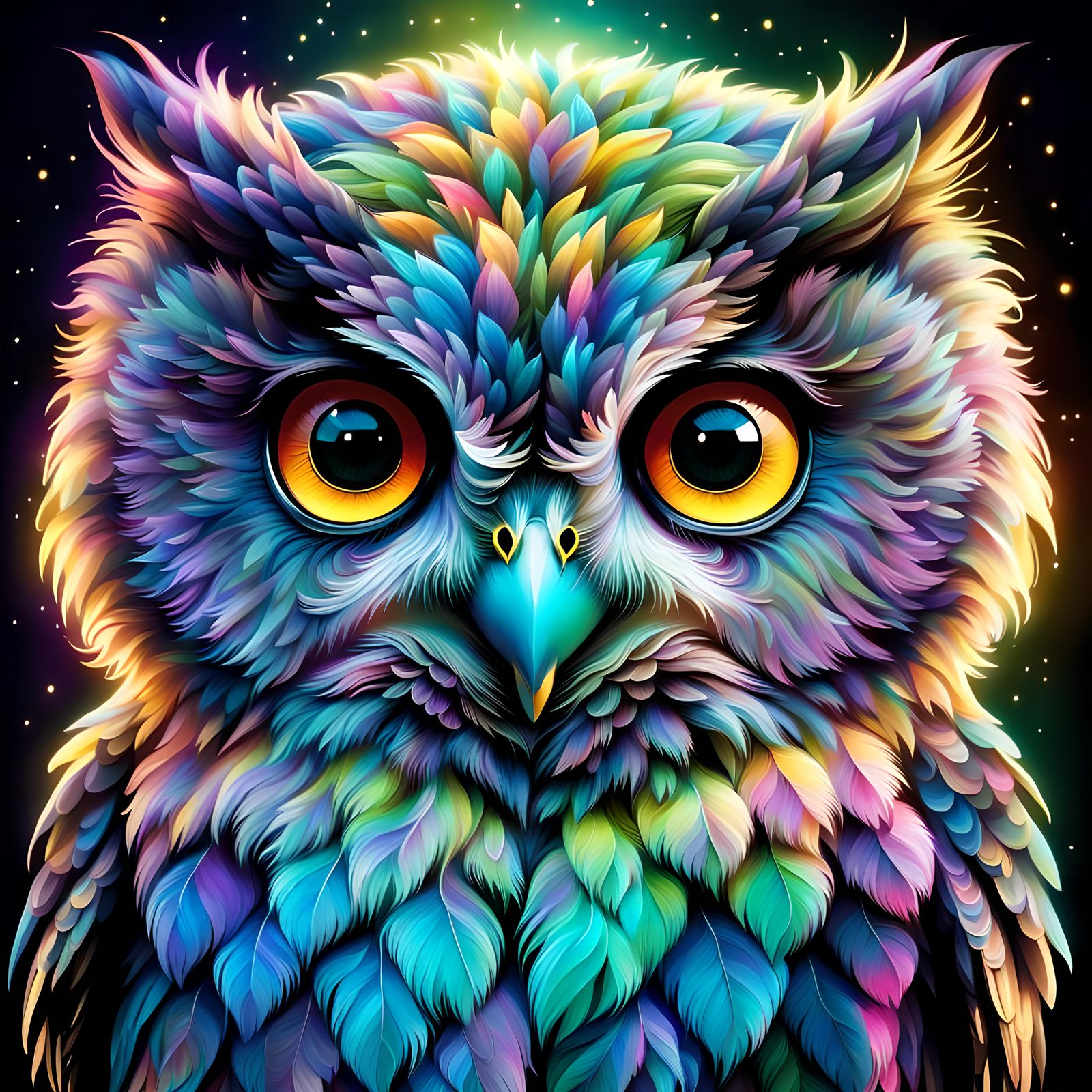A full front facing fluffy baby owl. Neon colours, Glittering features. High resolution.   by @Irene