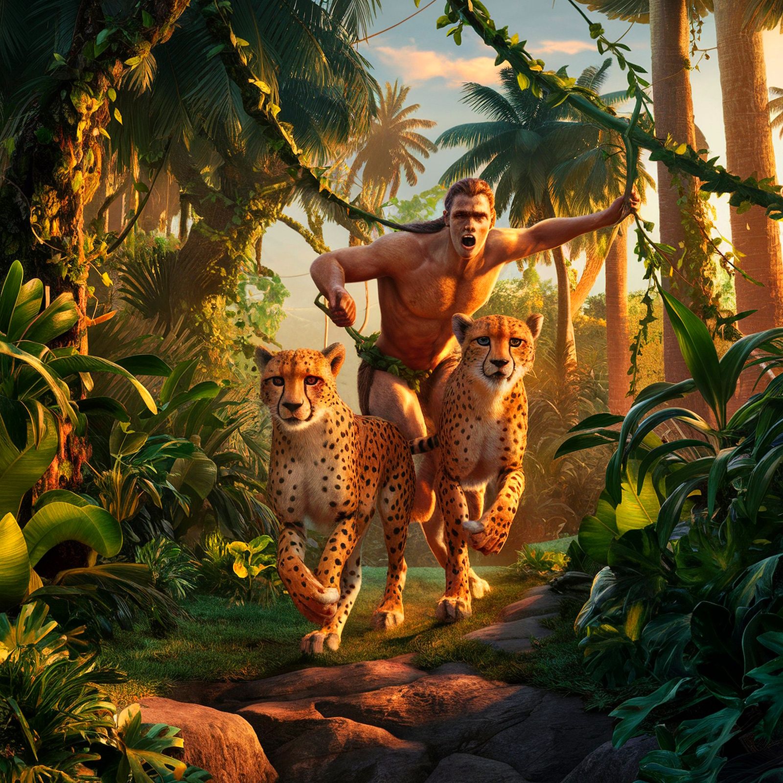 TARZAN CHARGING WITH HIS ANIMALS FRIENDS.