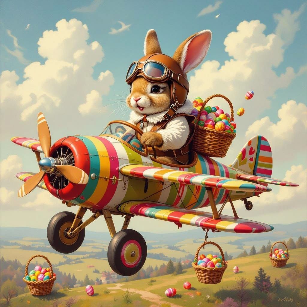 ein kleiner Osterhase fliegt in einem Ostereier-Flugzeug und verteilt Osternester  by @Bee_creative