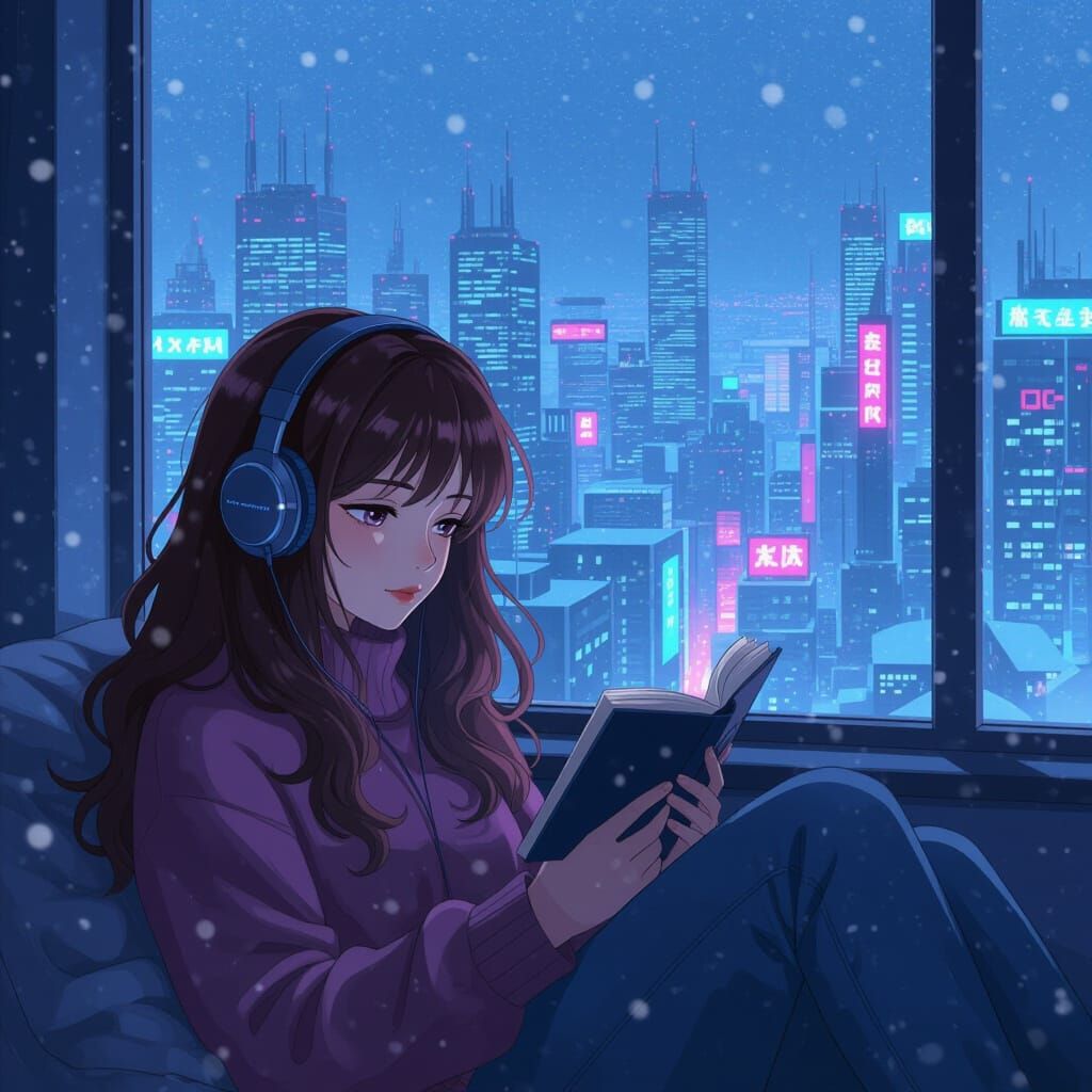 Lofi girl with long brown wavy hair, pale skin and green hair lounging in front of a snowy window in ...  by @Penny Dreadful