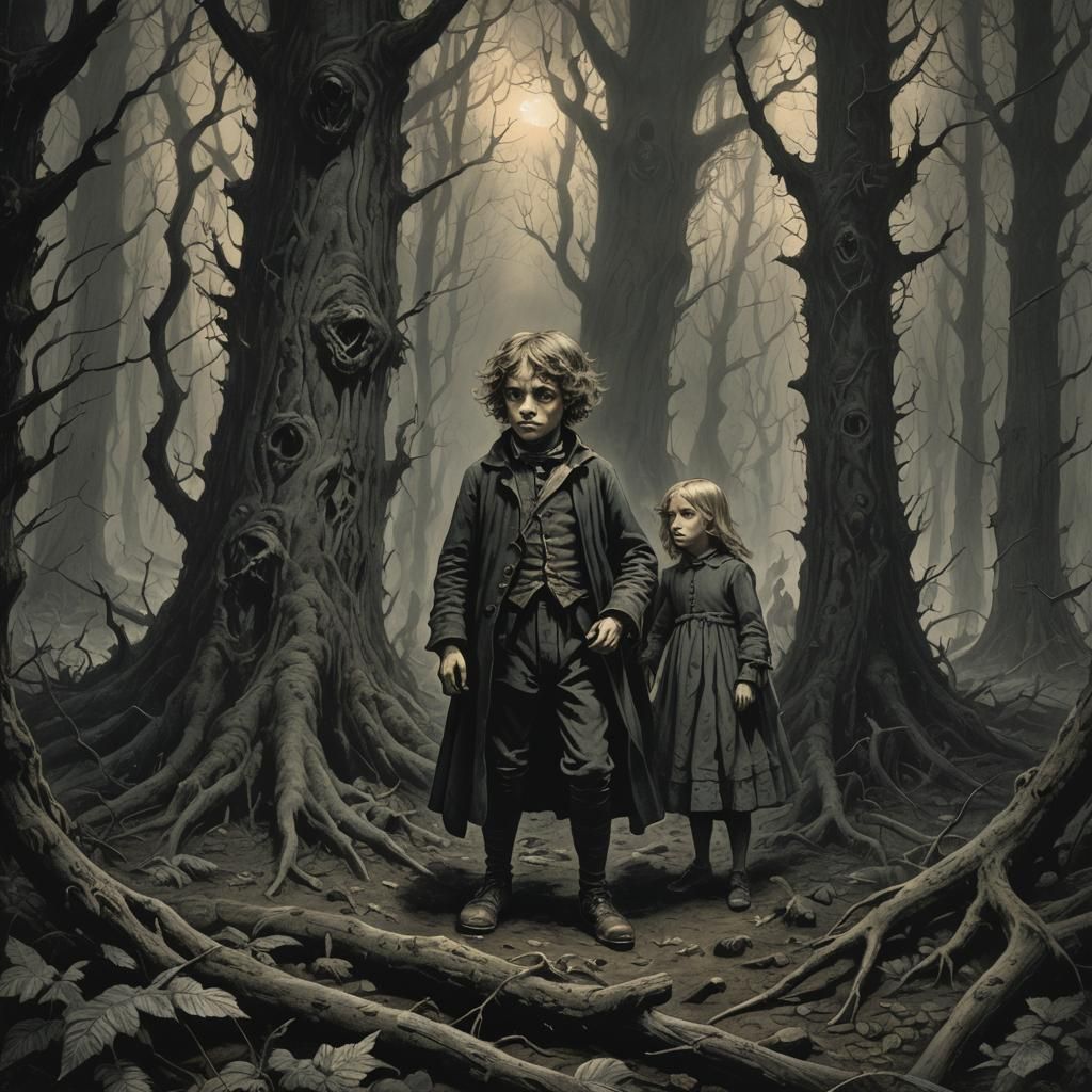 Children Follow Spirits in Dark Forest, Horror Illustration