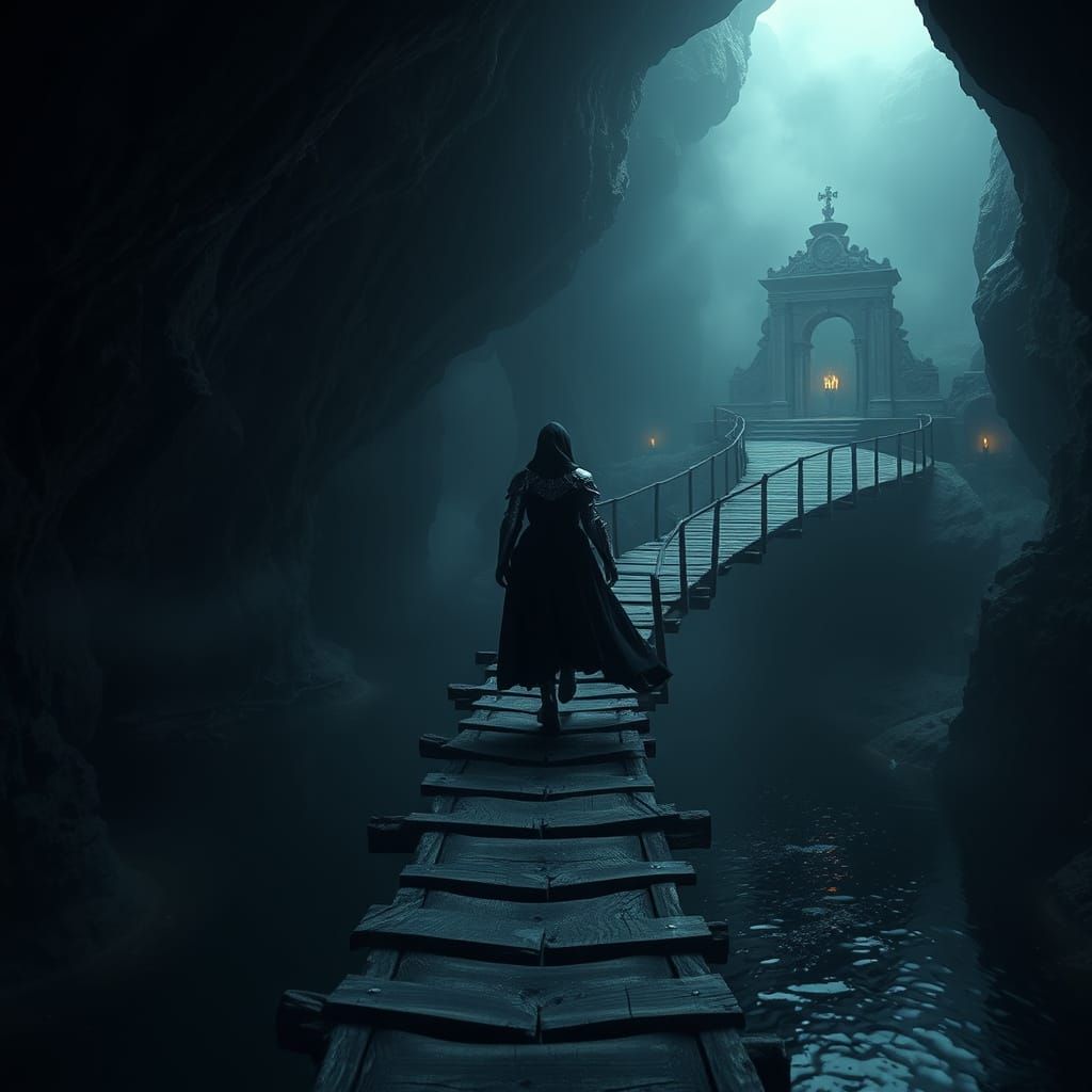 A wide shot of a dark clad female knight walking on a twisty wooden bridge over water, through a dark ...  by @Elviira 