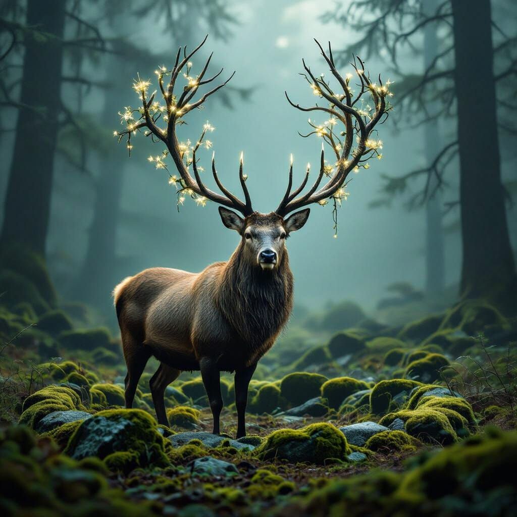 A stag with the glowing red antlers.