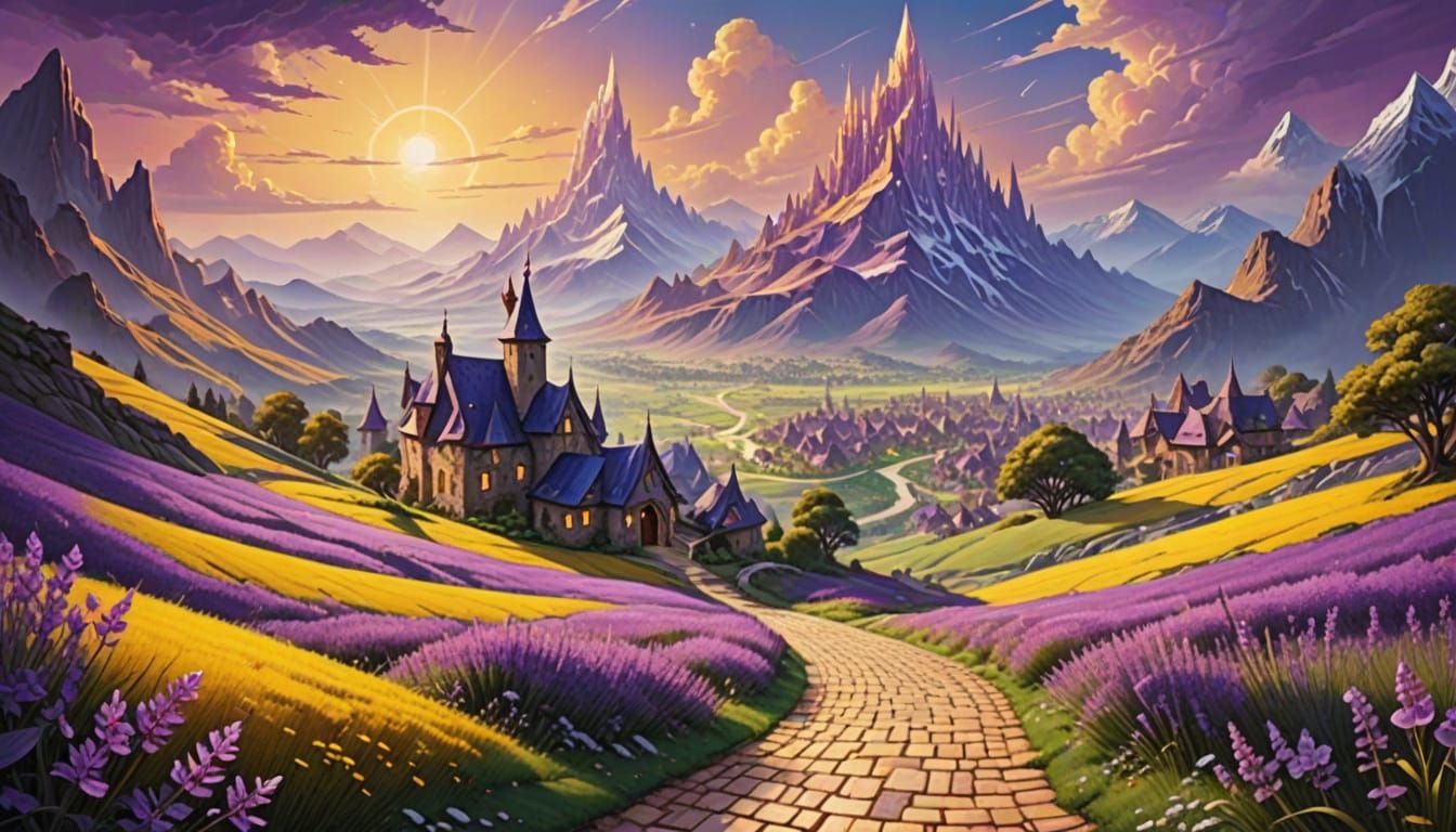 Fantasy Village Amidst Amethyst Crystal Shards