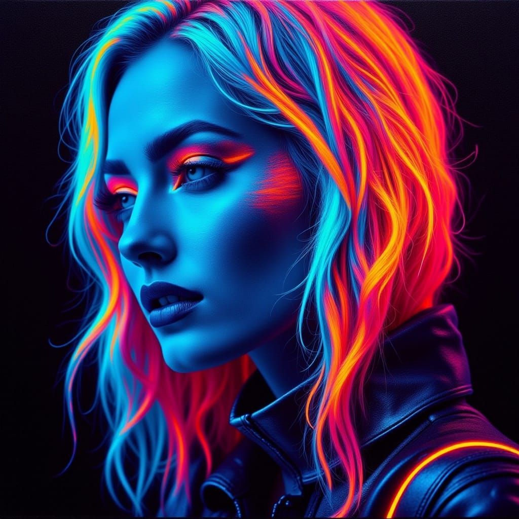 <lora:Blacklight nocturne:1.0> blacklight vibrant neon oil on canvas. A blonde female assassin. Beautiful striking extremely cinematic 