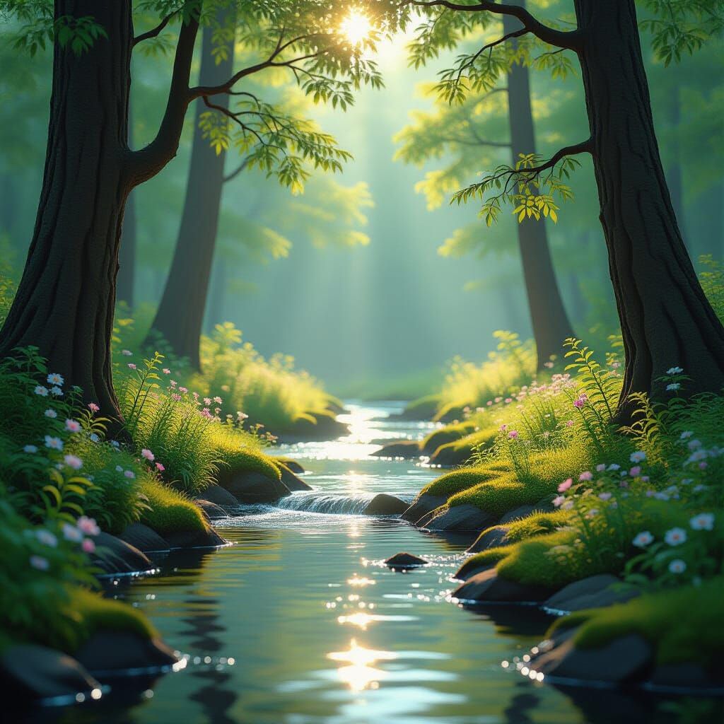 Serene Forest Stream with Dappled Sunlight and Wildflowers