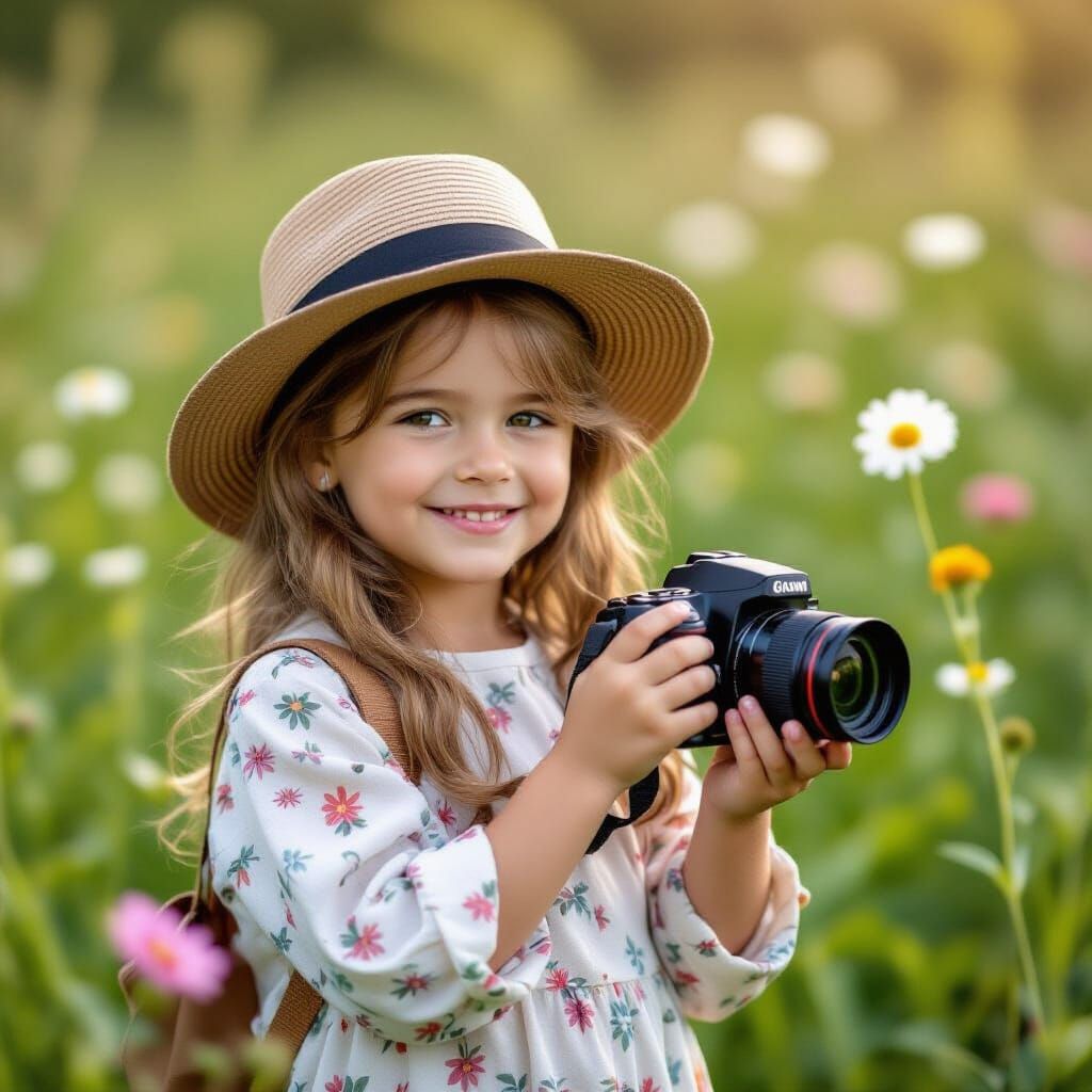 Cute Three-Year-Old Girl Photographs Blooming Flower Field