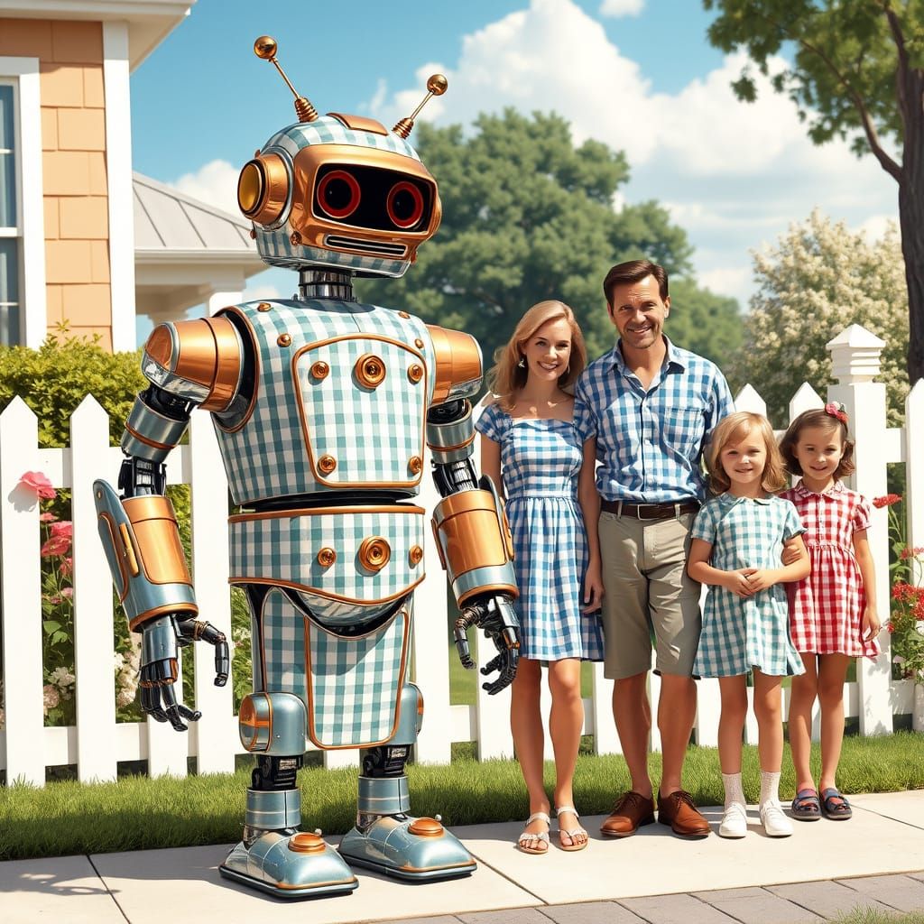 A retro-futuristic robot with a body made of gingham print metal, complete with copper accents and brass ...  by @blenta