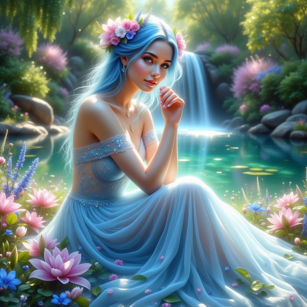 Pastel Dream: Woman at Waterfall in Hyperrealistic Style