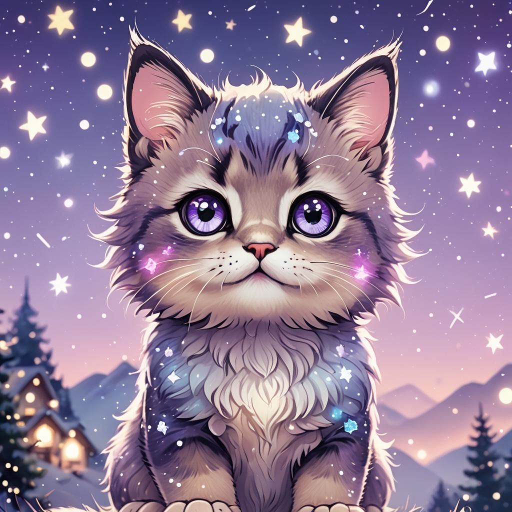 Chibi Mountain Cat with Starry Eyes in Anime Style