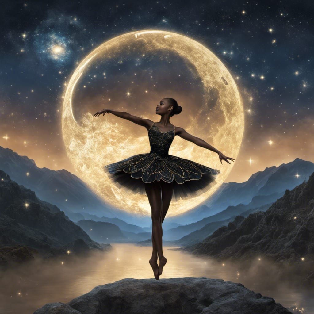 a beautiful black ballerina, dancing in front of golden mountains with ...