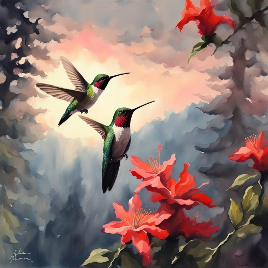 Hummingbird Watercolor Painting with Natural Lighting