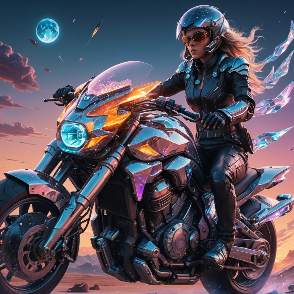 Crystalline woman on futuristic flying motorcycle