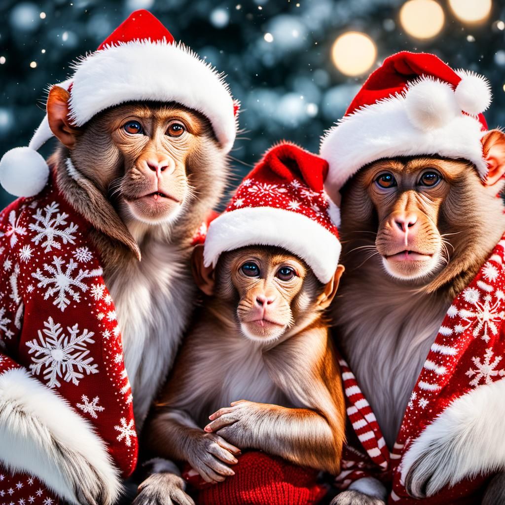Festive Macaques Celebrate Christmas in Winter Wonderland