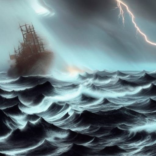 a ship crashing on wet black jagged rocks as it travels across a storm ...