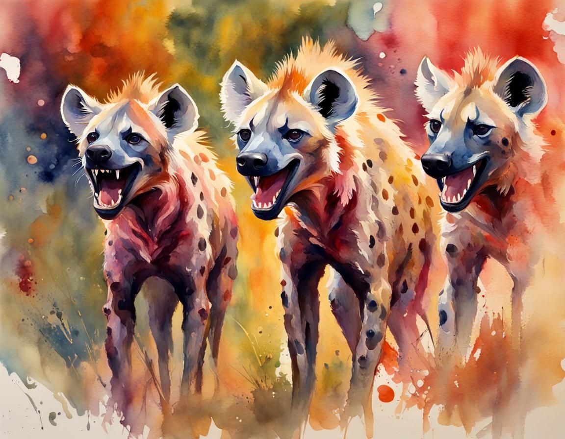 Laughing hyenas, beautiful, elegant, ethereal, watercolor, splash art