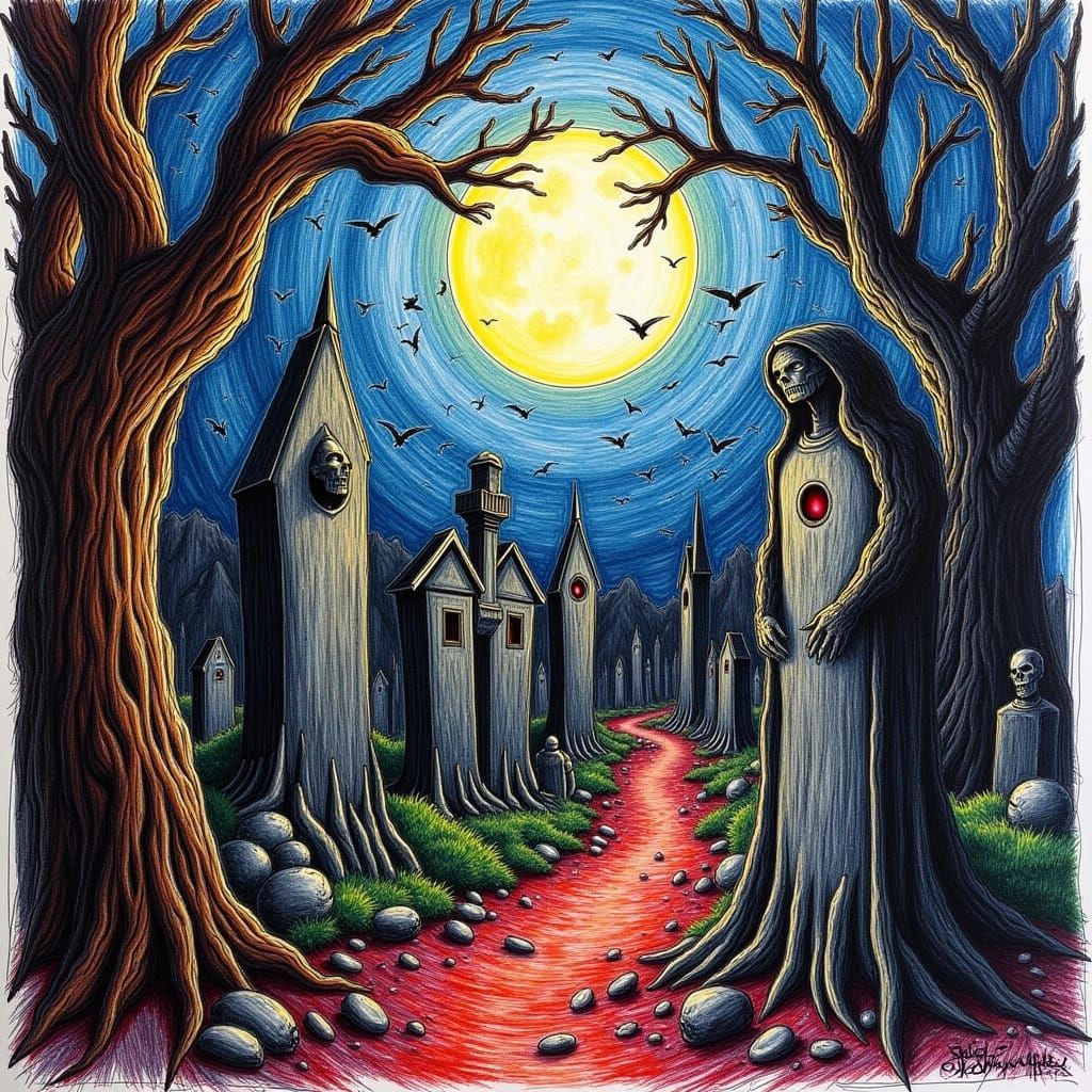 a wicked cemetery with full moon and scary shadows <lora:Kewl:0.6>