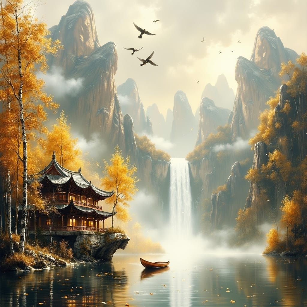 Serene Chinese Landscape with Waterfall and Pagoda