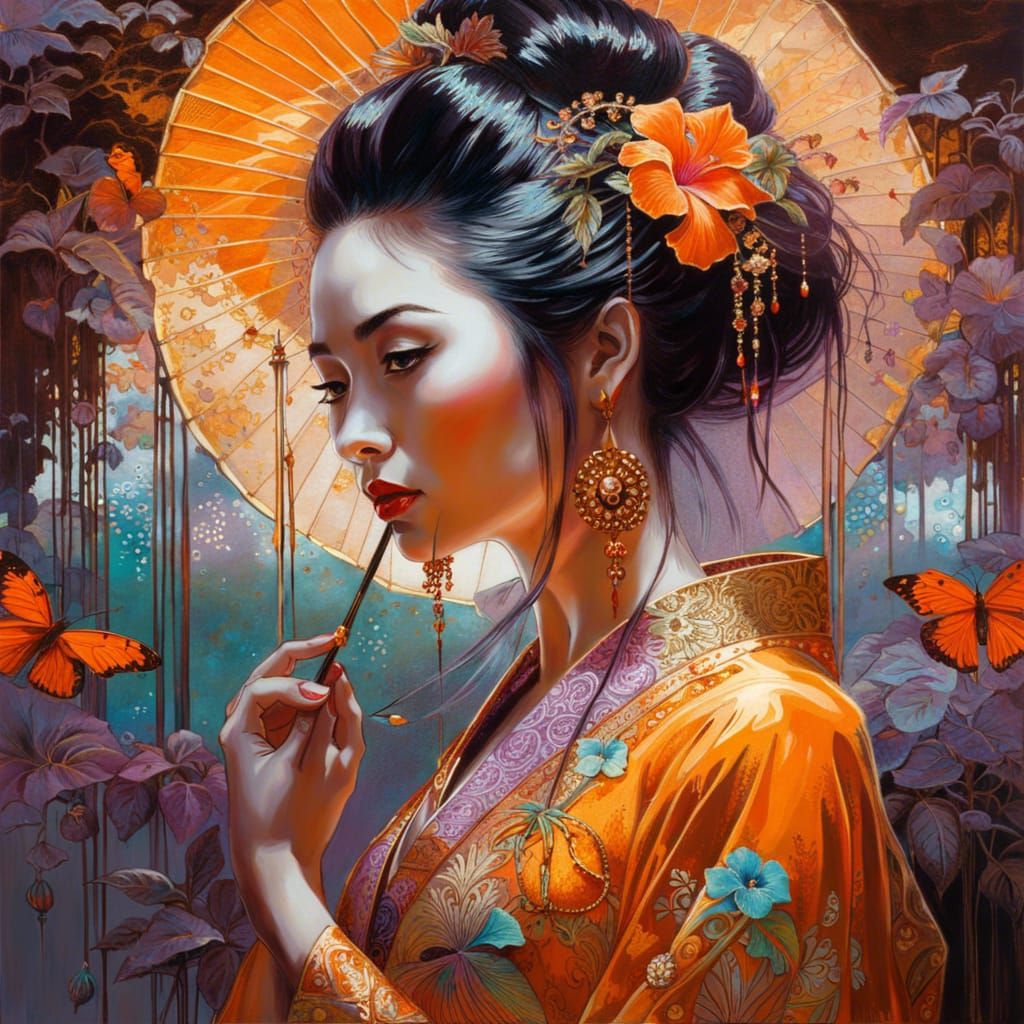 Geisha in Mirrored Reflection: Dark Fantasy Lace Art