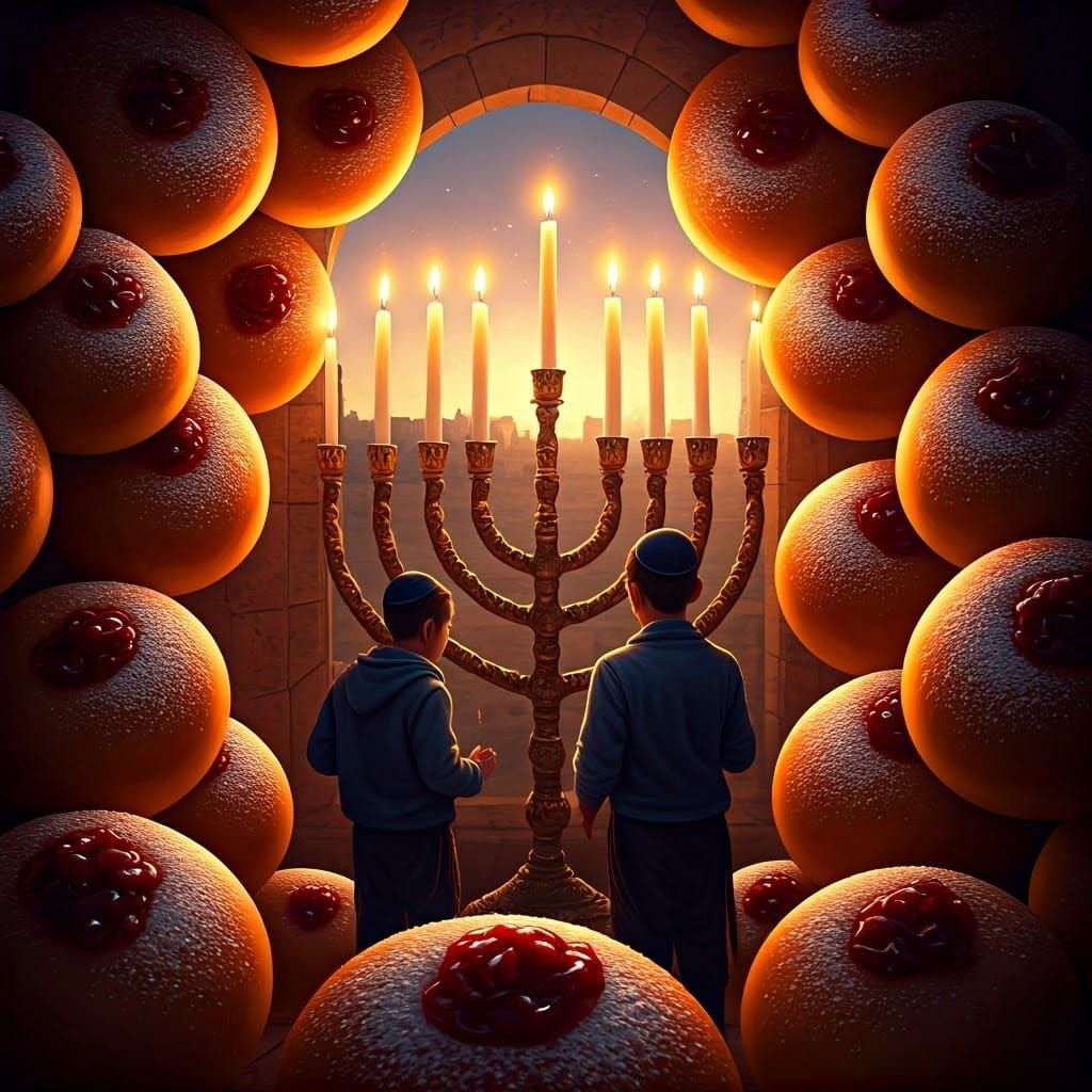 Hanukkah Sufganiyot Menorah in Vibrant Jerusalem Sunset