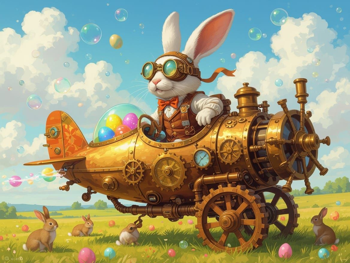 Steampunk Easter Bunny, clad in brass goggles and a clockwork waistcoat, piloting a egg-shaped plane through a sunny campaign, delivering co...