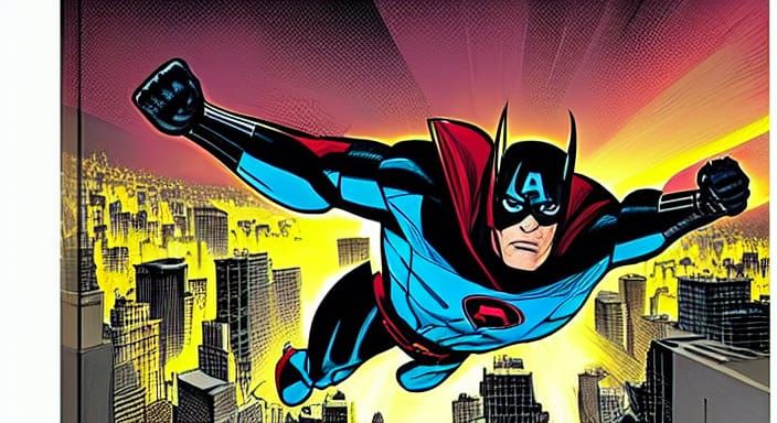 A mighty superhero inspired by MARVEL's Sentry, depicted in a dynamic comic book style, soaring through a vibrant city skyline, glowing ener...