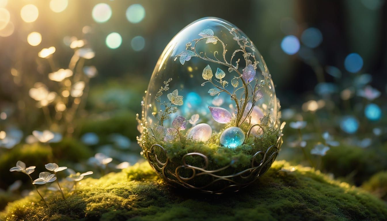 A delicate egg made of iridescent crystal, swirling pastel colors and glitter-like sparkles, adorned ...  by @P K