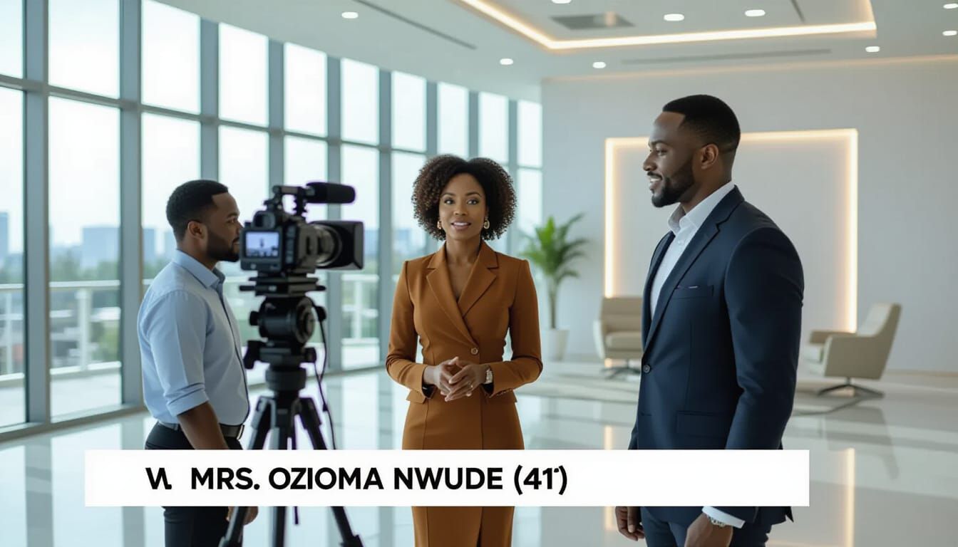 “Inside a modern African megachurch office with glass walls and polished floors, investigative journalist Mrs. Ozioma Nwude (41, chocolate-b...