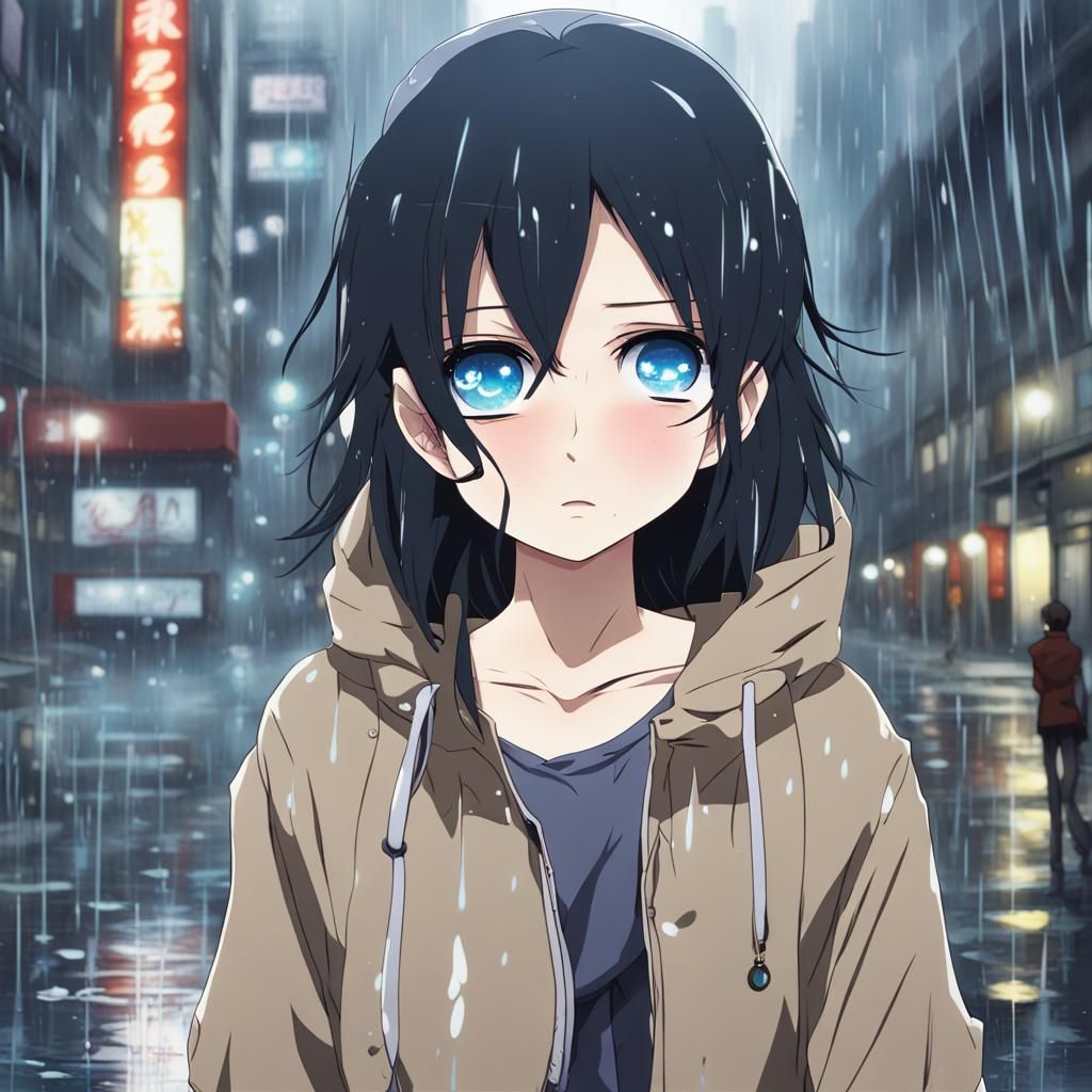 anime girl with black hair crying within the city streets wi...