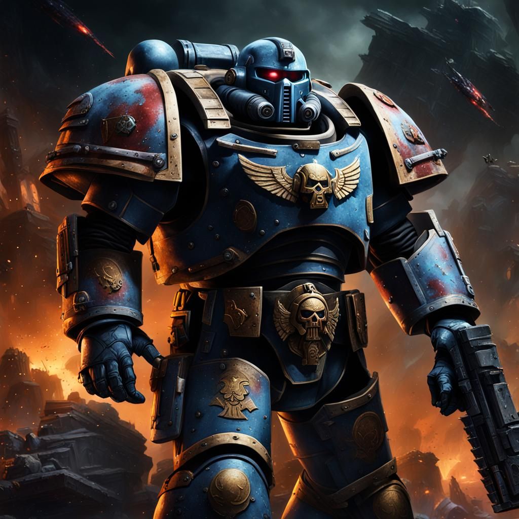 Hyper realistic color painting of full armored space marine ...