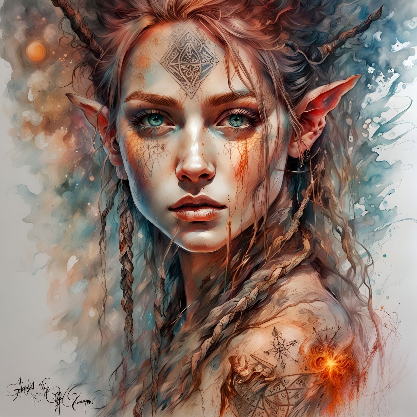 portait of A she elf witch with incandescent runic writings ! fire ...