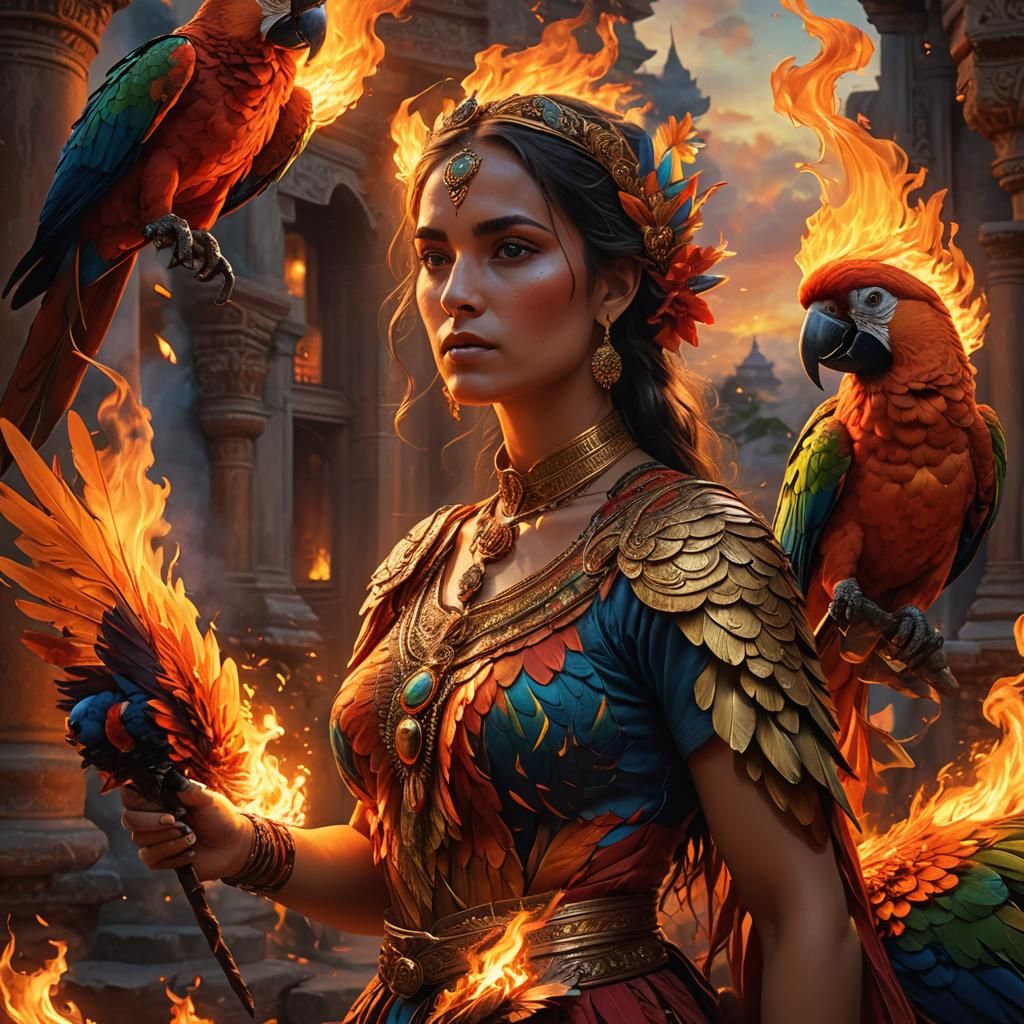 Parrot Woman Tending Fire: Fantasy Art in Oil