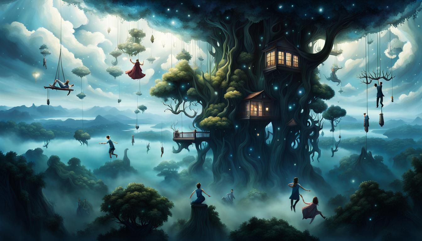 a surreal scene where the world is turned upside down. A starry sky lies below, with clouds floating ...  by @Lennis