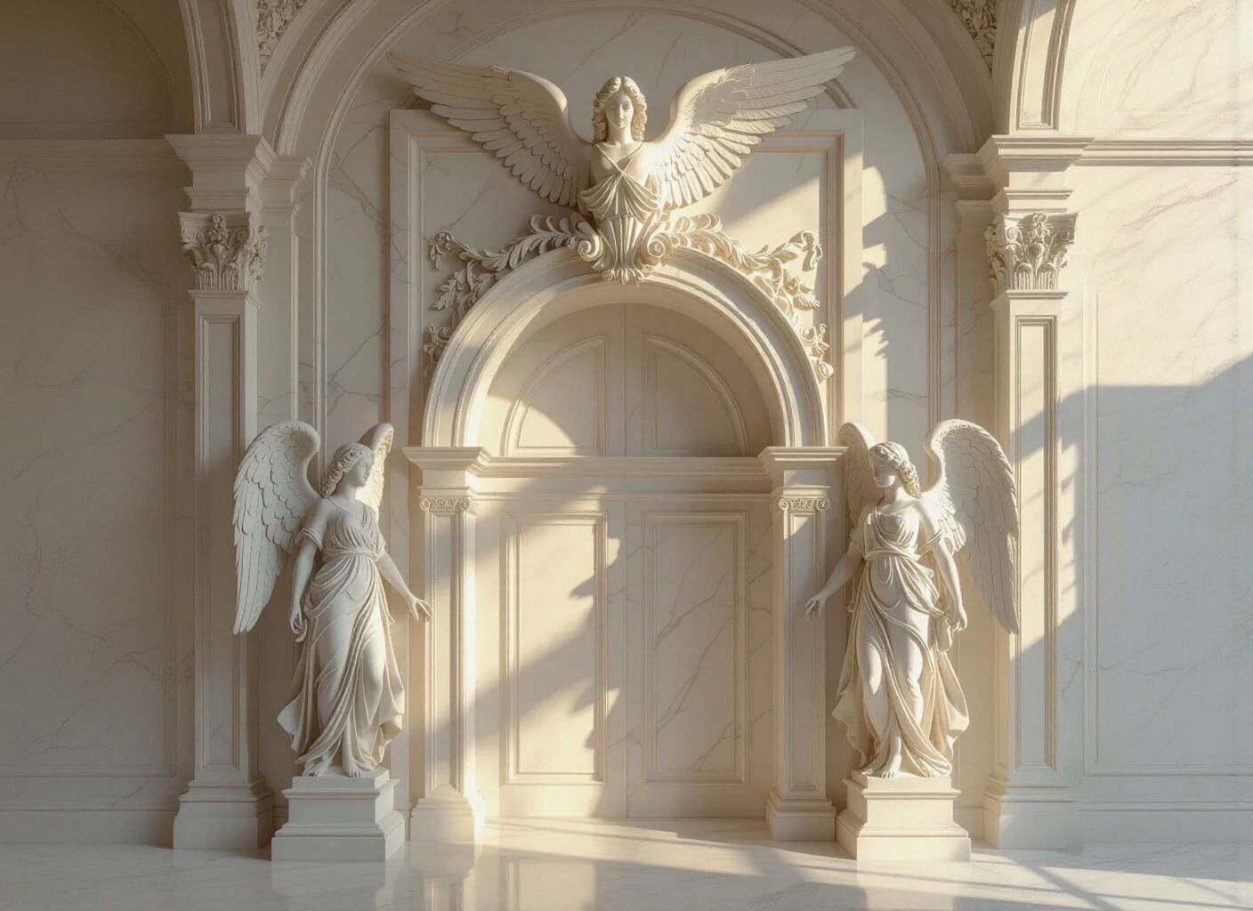 Create a, ivory or marble wall with central archway with an angel statue on each side and one at the top with it's arms spread wide
