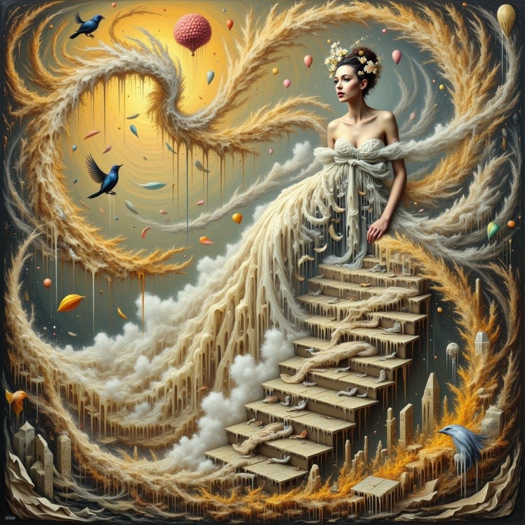 Mystical Woman Ascends Stairway to Heaven in Swirling Vortex...