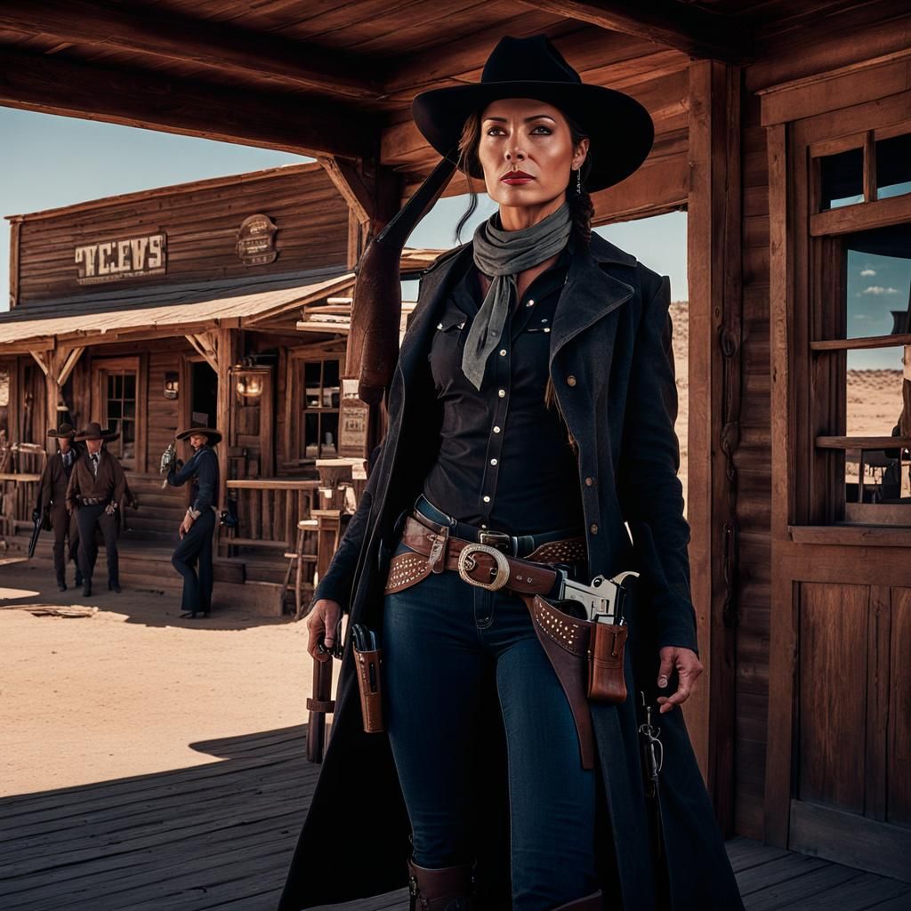 A female cowgirl gunslinger with dark dusty clothes and wide brimmed ...