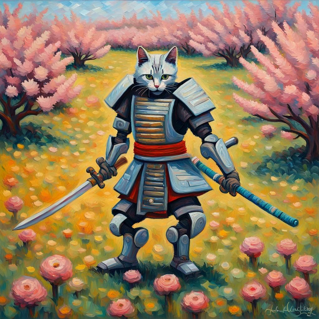 Robotic samurai wielding a ancient Japanese katana in a fiel...