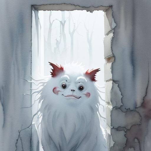 Low key wet dripping watercolor of a mischievous monster pea...