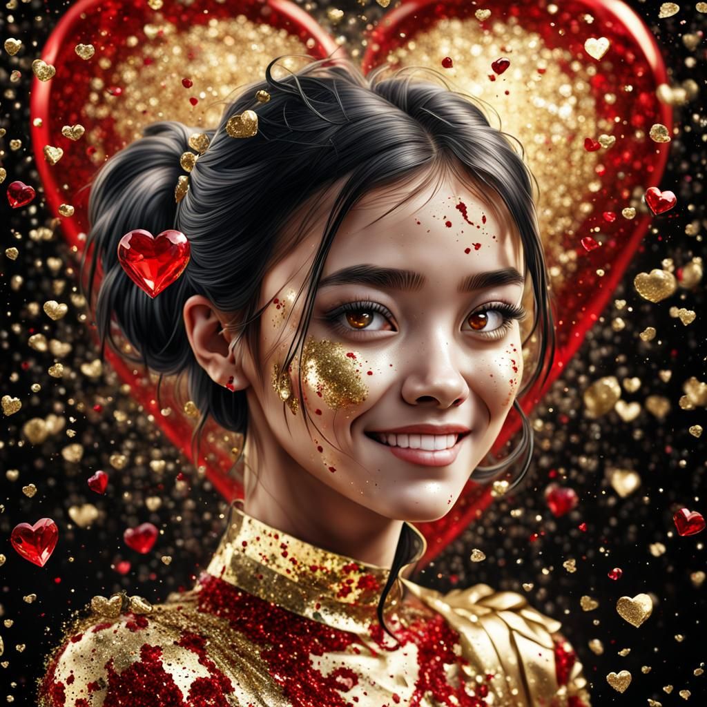 splatter pattern witg  gold crystal , glitters, red heart pa...