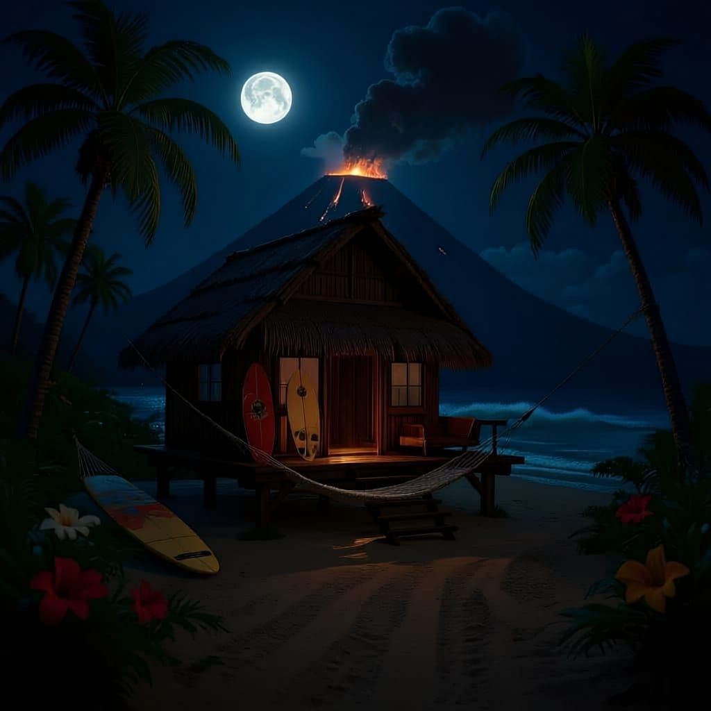 A tropical Hawaiian thatched shack raised off the ground, on sticks, with a lanai or porch.  on the lanai are a couple of surfboards.