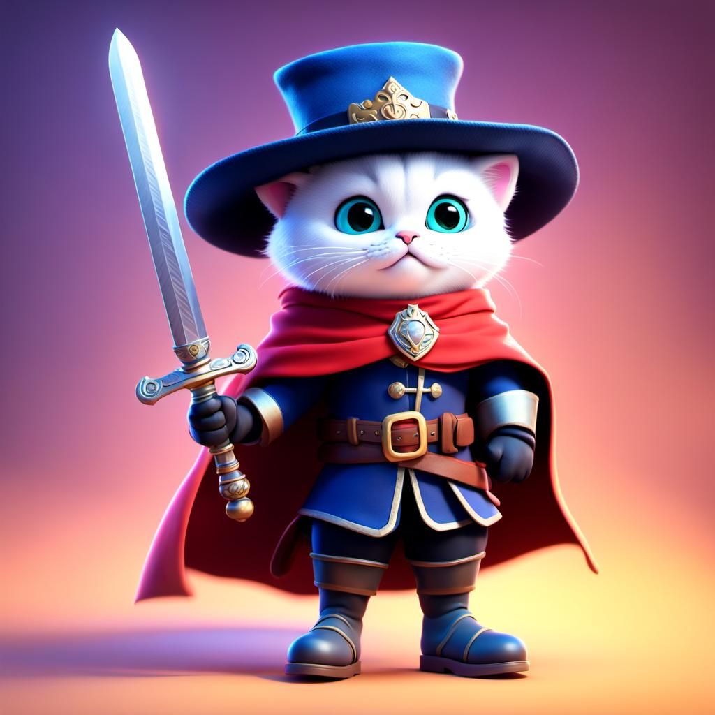 cat wearing boots and sword and cape and musketeer hat, ador...