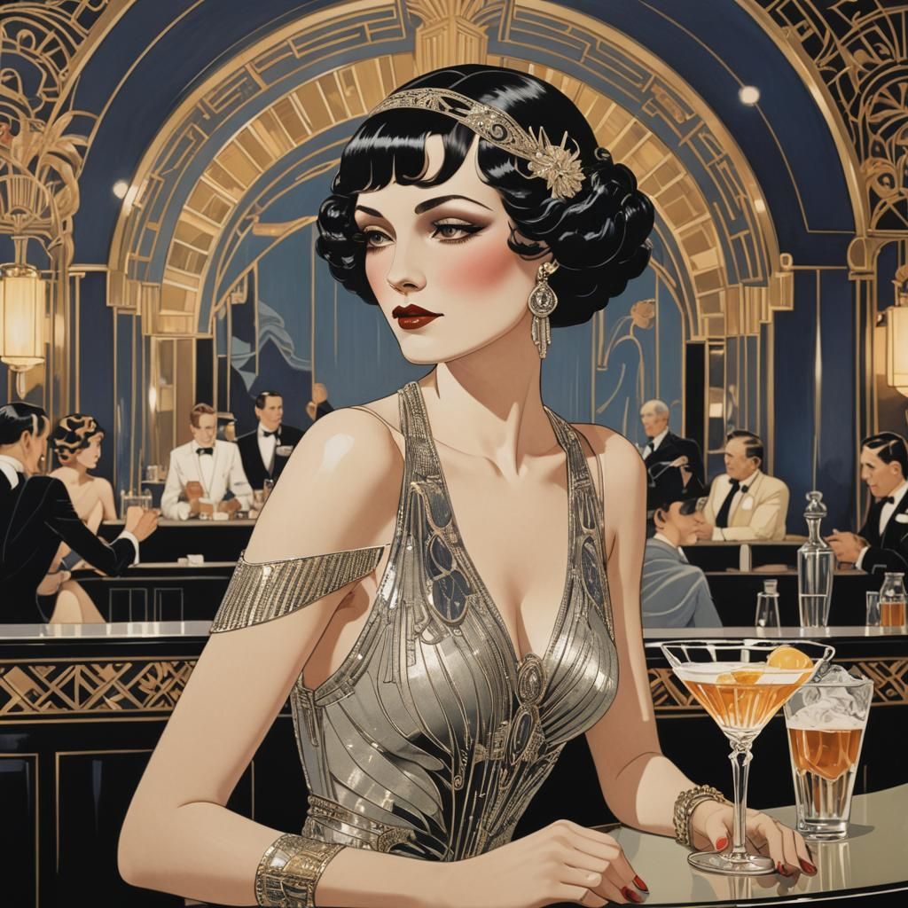 Beautiful woman at the bar in an art deco hotel...style of Erte'  by @mementoMinnie